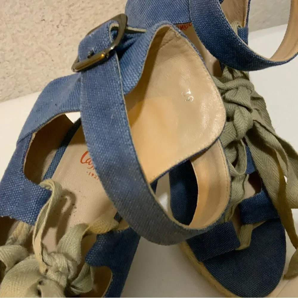 Castaner Leather lace up Denim look platform Wedge Espadrille Sandals 39